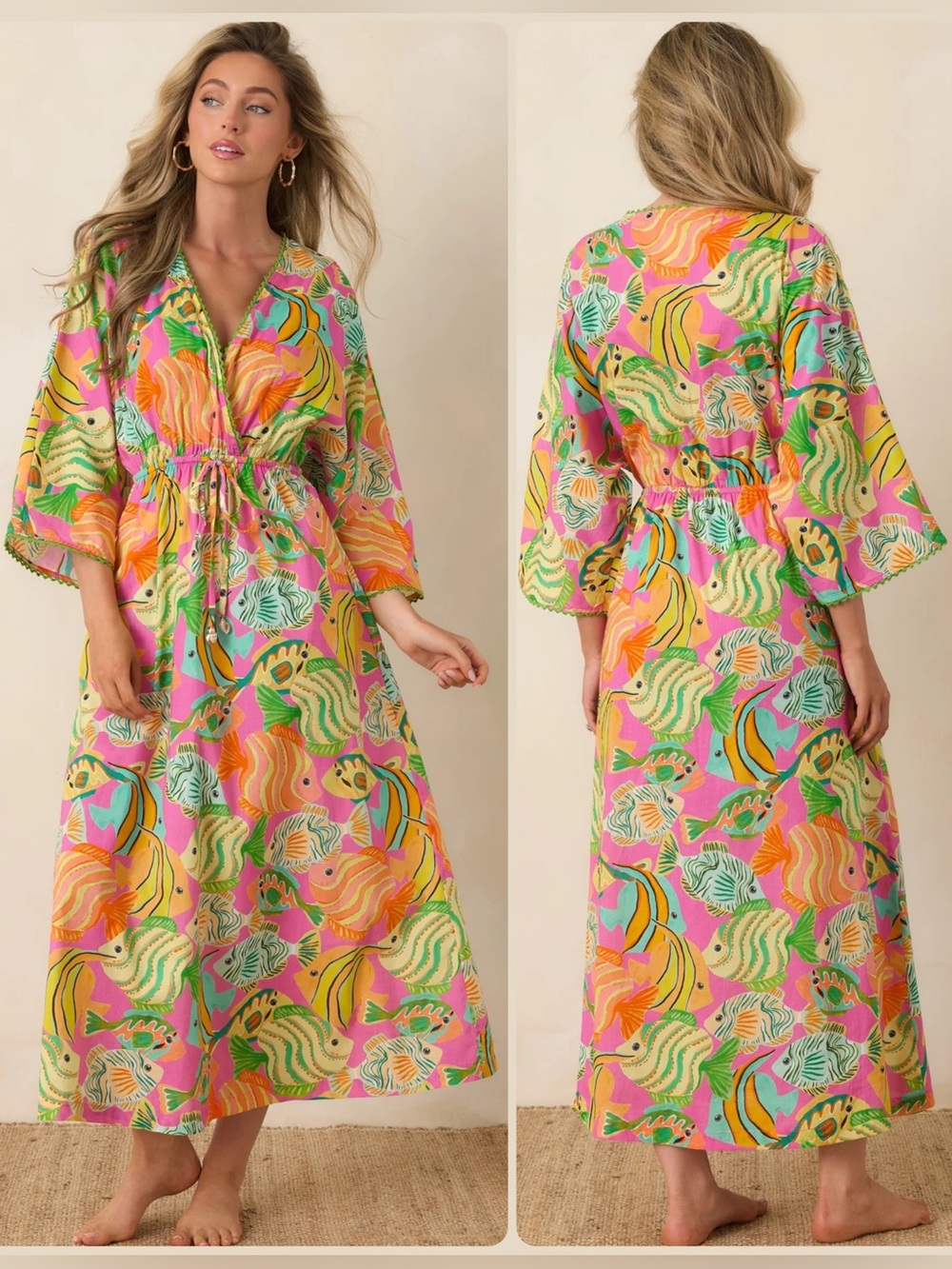 Paradisa Cabana Cotton Tropical Fish Drawstring Waist Caftan Maxi Dress NWT $188